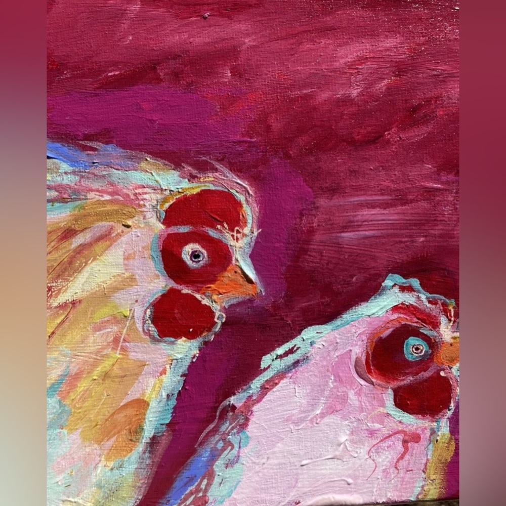 Three Chickens And An Egg””An Acrylic Original Painting 16”x12” On Canvas - Picture 10 of 14